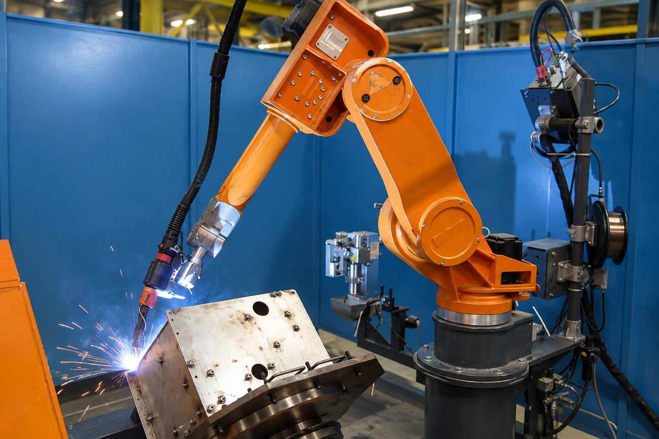 Schweißroboter beim Schweißen eines Blechteils